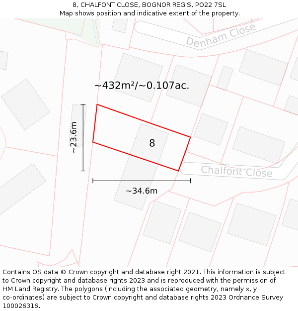 8, CHALFONT CLOSE, BOGNOR REGIS, PO22 7SL: Plot and title map