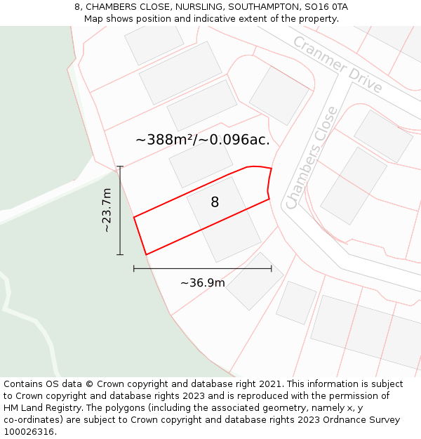 8, CHAMBERS CLOSE, NURSLING, SOUTHAMPTON, SO16 0TA: Plot and title map