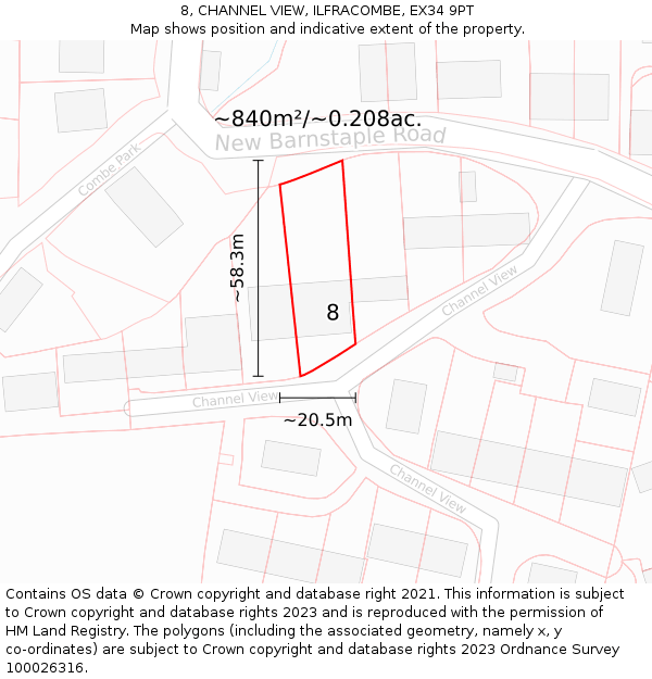 8, CHANNEL VIEW, ILFRACOMBE, EX34 9PT: Plot and title map