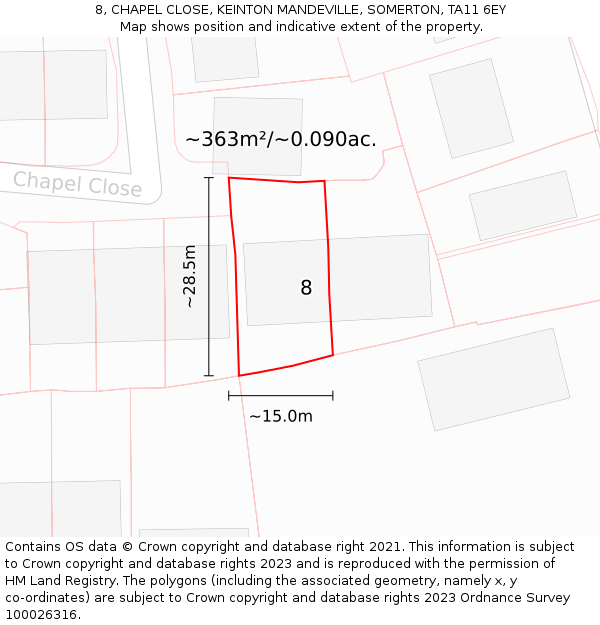 8, CHAPEL CLOSE, KEINTON MANDEVILLE, SOMERTON, TA11 6EY: Plot and title map