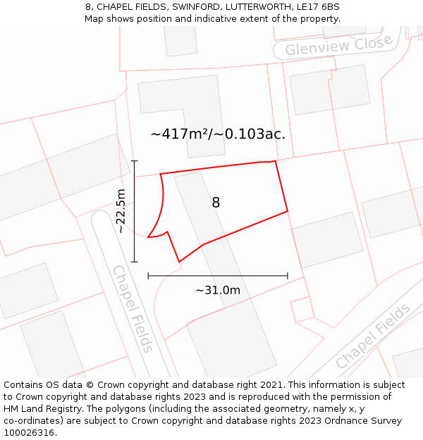 8, CHAPEL FIELDS, SWINFORD, LUTTERWORTH, LE17 6BS: Plot and title map