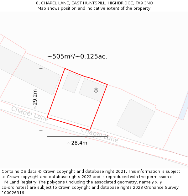 8, CHAPEL LANE, EAST HUNTSPILL, HIGHBRIDGE, TA9 3NQ: Plot and title map
