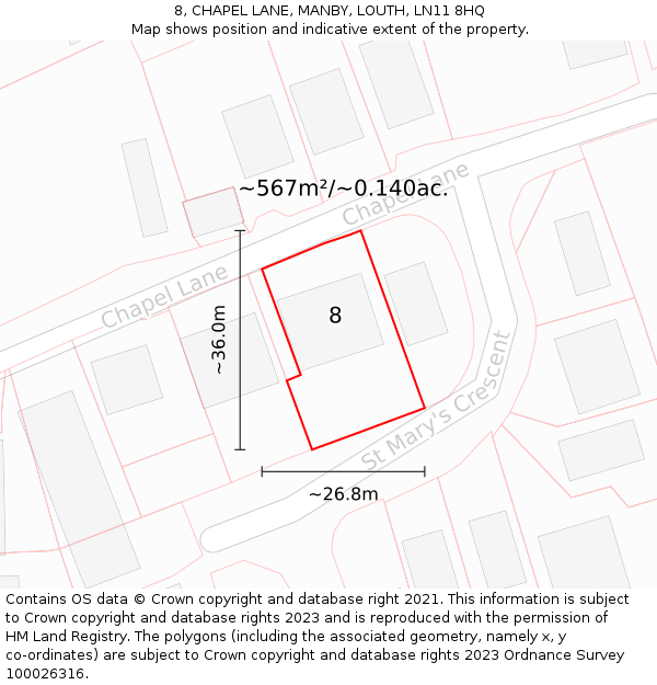 8, CHAPEL LANE, MANBY, LOUTH, LN11 8HQ: Plot and title map