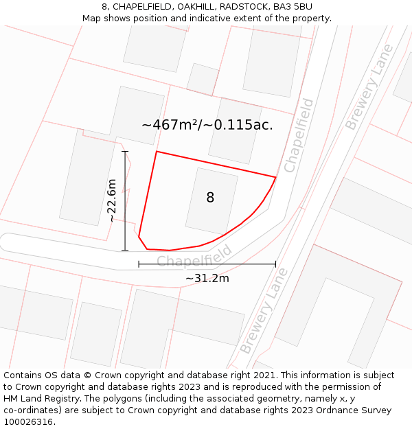 8, CHAPELFIELD, OAKHILL, RADSTOCK, BA3 5BU: Plot and title map