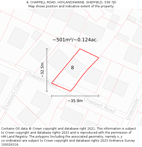 8, CHAPPELL ROAD, HOYLANDSWAINE, SHEFFIELD, S36 7JD: Plot and title map