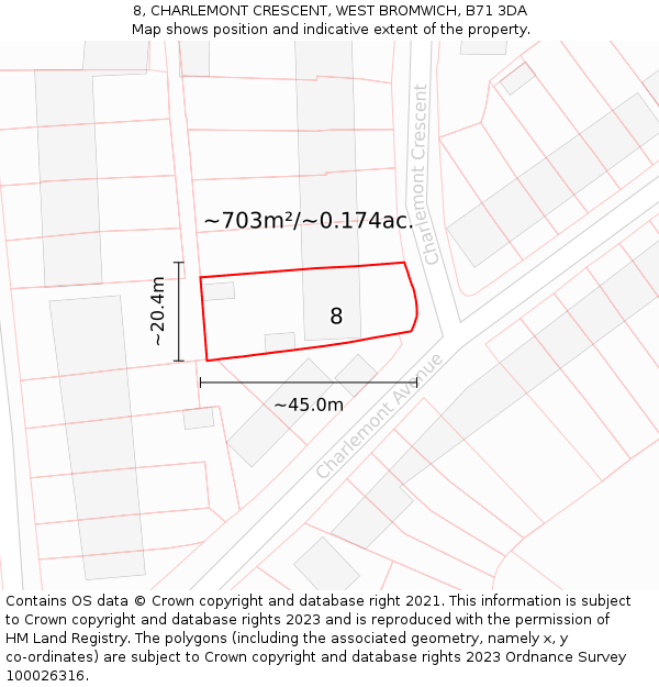 8, CHARLEMONT CRESCENT, WEST BROMWICH, B71 3DA: Plot and title map