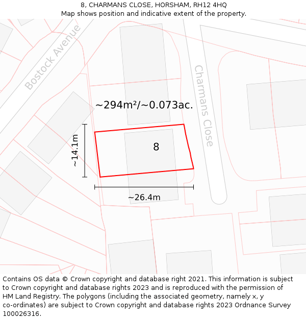 8, CHARMANS CLOSE, HORSHAM, RH12 4HQ: Plot and title map
