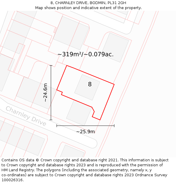 8, CHARNLEY DRIVE, BODMIN, PL31 2GH: Plot and title map