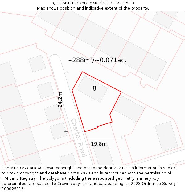 8, CHARTER ROAD, AXMINSTER, EX13 5GR: Plot and title map
