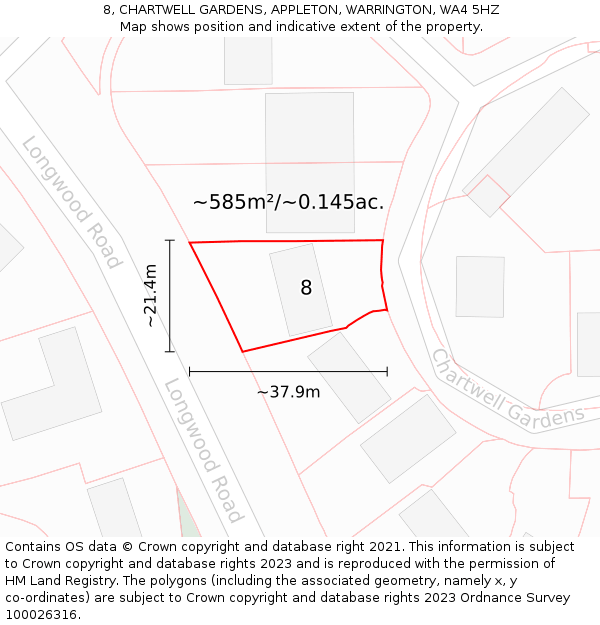 8, CHARTWELL GARDENS, APPLETON, WARRINGTON, WA4 5HZ: Plot and title map