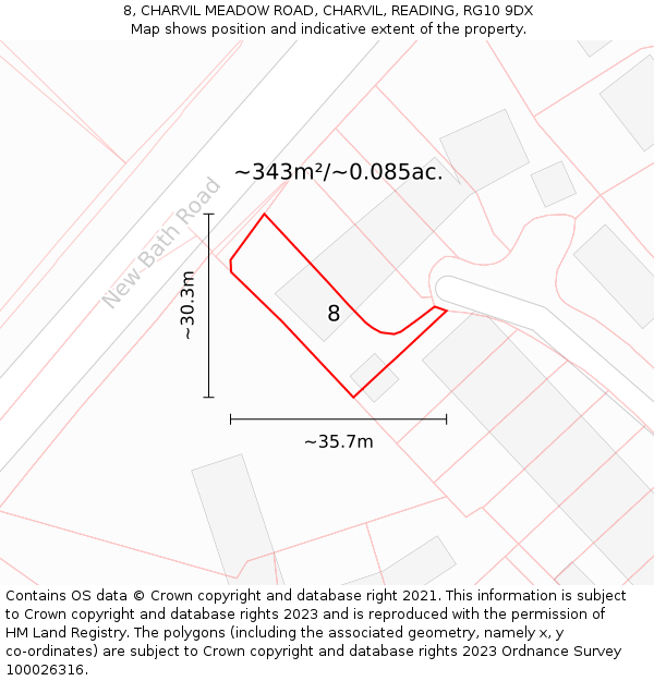 8, CHARVIL MEADOW ROAD, CHARVIL, READING, RG10 9DX: Plot and title map