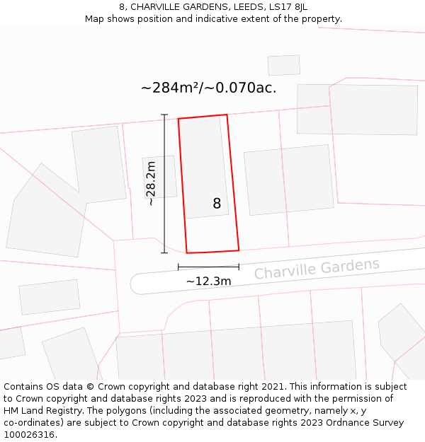 8, CHARVILLE GARDENS, LEEDS, LS17 8JL: Plot and title map