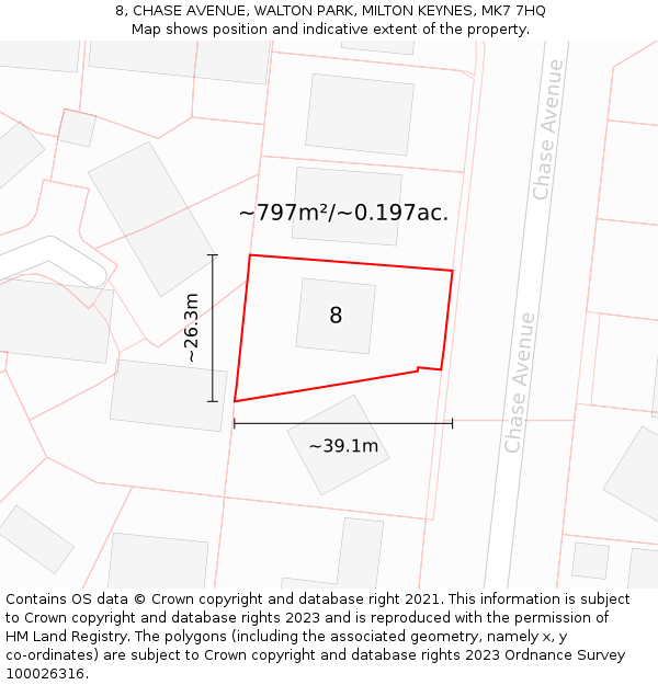 8, CHASE AVENUE, WALTON PARK, MILTON KEYNES, MK7 7HQ: Plot and title map