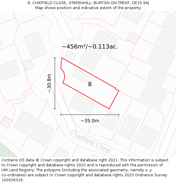 8, CHATFIELD CLOSE, STAPENHILL, BURTON-ON-TRENT, DE15 9AJ: Plot and title map