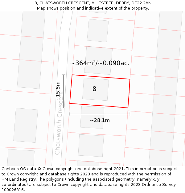 8, CHATSWORTH CRESCENT, ALLESTREE, DERBY, DE22 2AN: Plot and title map