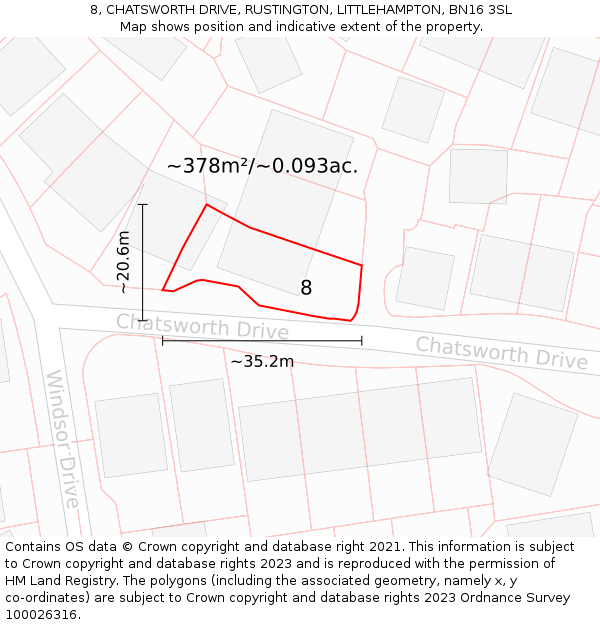 8, CHATSWORTH DRIVE, RUSTINGTON, LITTLEHAMPTON, BN16 3SL: Plot and title map
