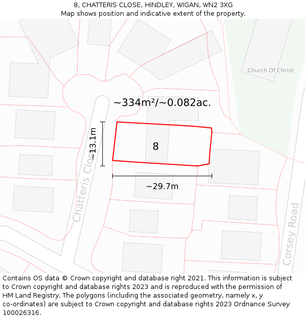 8, CHATTERIS CLOSE, HINDLEY, WIGAN, WN2 3XG: Plot and title map