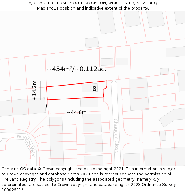 8, CHAUCER CLOSE, SOUTH WONSTON, WINCHESTER, SO21 3HQ: Plot and title map