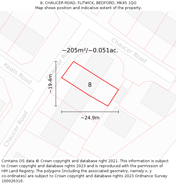 8, CHAUCER ROAD, FLITWICK, BEDFORD, MK45 1QG: Plot and title map