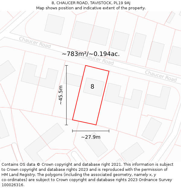 8, CHAUCER ROAD, TAVISTOCK, PL19 9AJ: Plot and title map