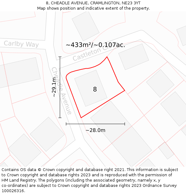 8, CHEADLE AVENUE, CRAMLINGTON, NE23 3YT: Plot and title map