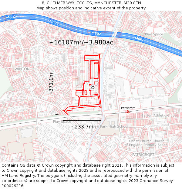 8, CHELMER WAY, ECCLES, MANCHESTER, M30 8EN: Plot and title map