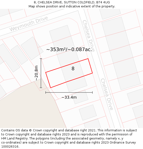 8, CHELSEA DRIVE, SUTTON COLDFIELD, B74 4UG: Plot and title map