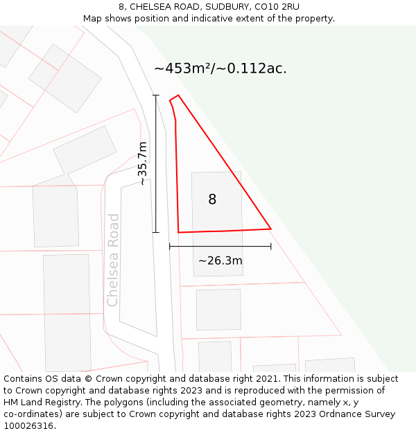 8, CHELSEA ROAD, SUDBURY, CO10 2RU: Plot and title map