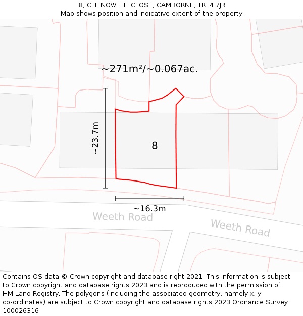 8, CHENOWETH CLOSE, CAMBORNE, TR14 7JR: Plot and title map