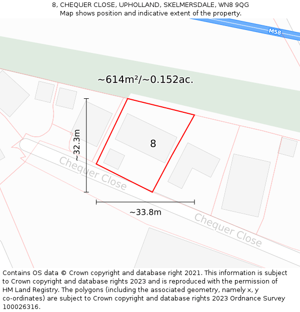 8, CHEQUER CLOSE, UPHOLLAND, SKELMERSDALE, WN8 9QG: Plot and title map