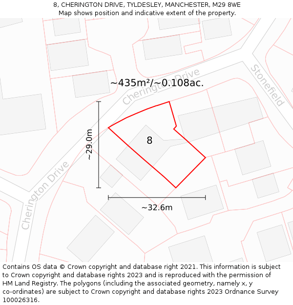 8, CHERINGTON DRIVE, TYLDESLEY, MANCHESTER, M29 8WE: Plot and title map