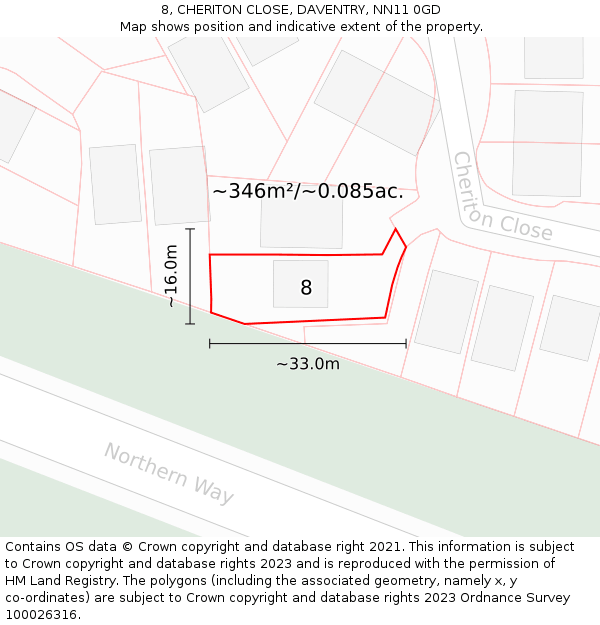 8, CHERITON CLOSE, DAVENTRY, NN11 0GD: Plot and title map