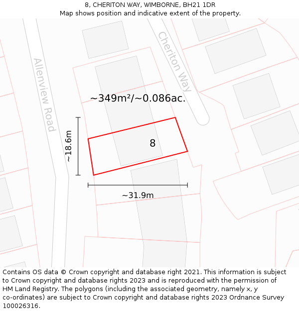 8, CHERITON WAY, WIMBORNE, BH21 1DR: Plot and title map