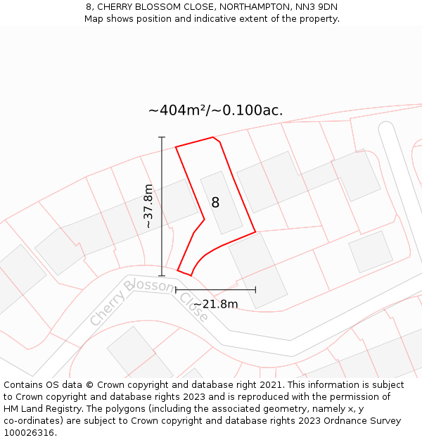 8, CHERRY BLOSSOM CLOSE, NORTHAMPTON, NN3 9DN: Plot and title map