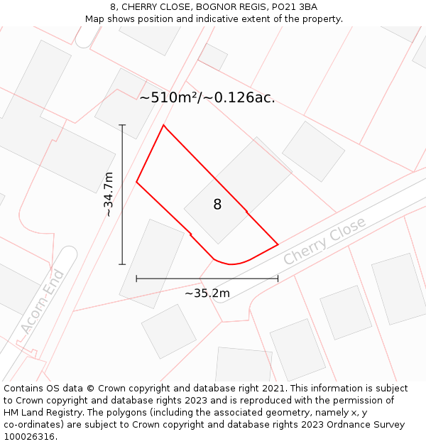 8, CHERRY CLOSE, BOGNOR REGIS, PO21 3BA: Plot and title map