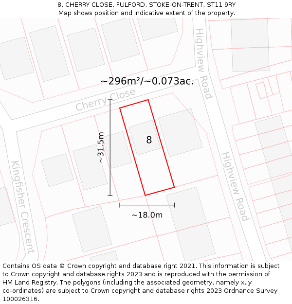 8, CHERRY CLOSE, FULFORD, STOKE-ON-TRENT, ST11 9RY: Plot and title map