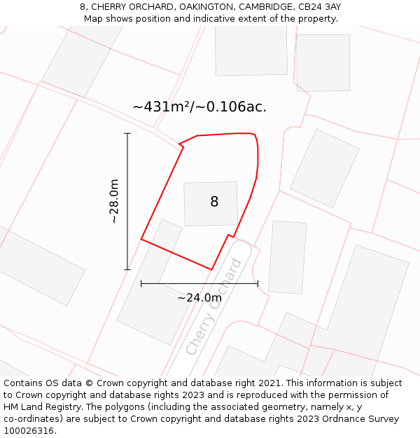 8, CHERRY ORCHARD, OAKINGTON, CAMBRIDGE, CB24 3AY: Plot and title map