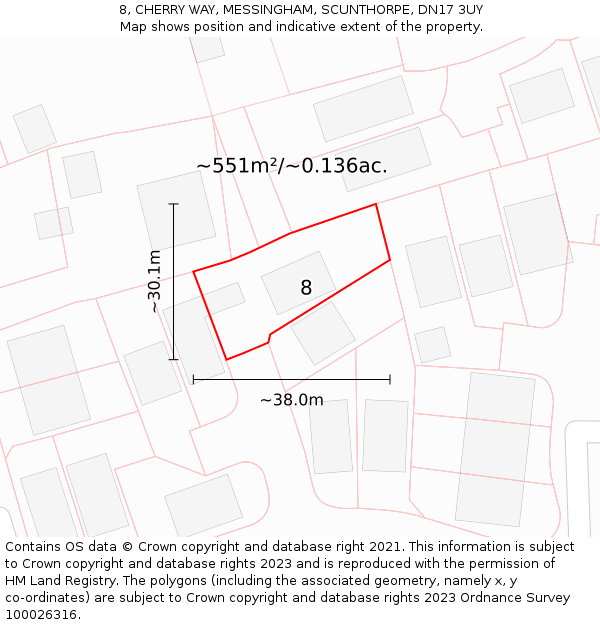 8, CHERRY WAY, MESSINGHAM, SCUNTHORPE, DN17 3UY: Plot and title map