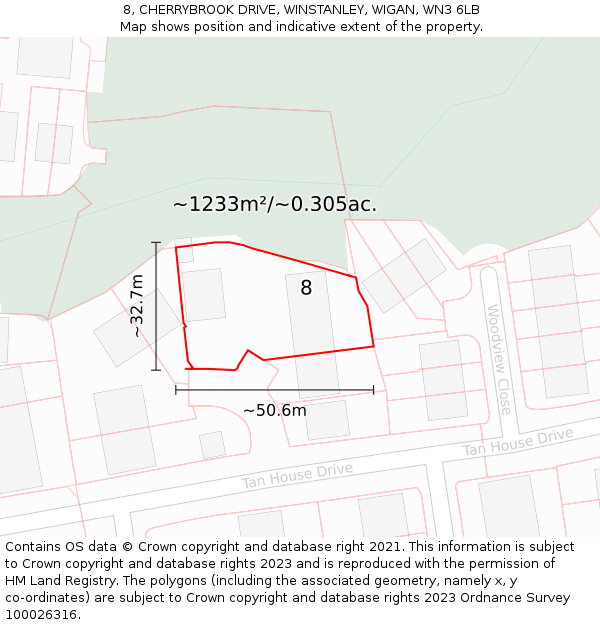 8, CHERRYBROOK DRIVE, WINSTANLEY, WIGAN, WN3 6LB: Plot and title map