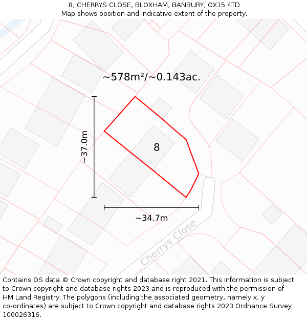 8, CHERRYS CLOSE, BLOXHAM, BANBURY, OX15 4TD: Plot and title map