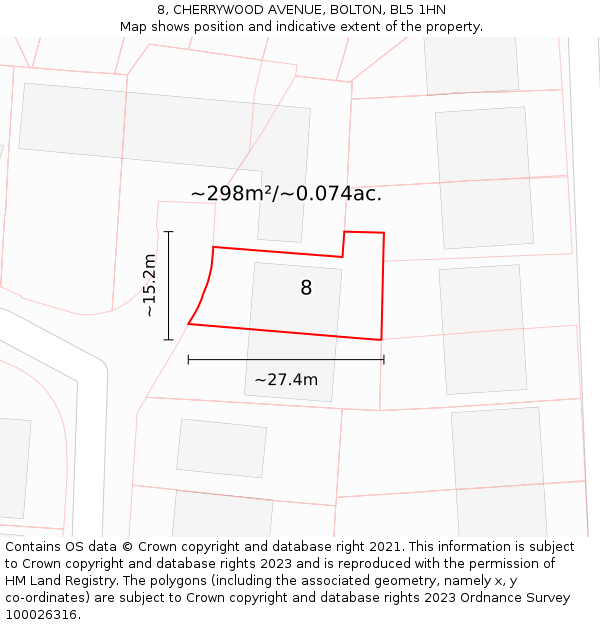 8, CHERRYWOOD AVENUE, BOLTON, BL5 1HN: Plot and title map