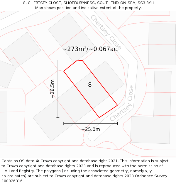 8, CHERTSEY CLOSE, SHOEBURYNESS, SOUTHEND-ON-SEA, SS3 8YH: Plot and title map