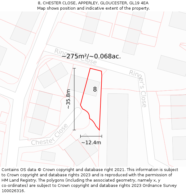 8, CHESTER CLOSE, APPERLEY, GLOUCESTER, GL19 4EA: Plot and title map