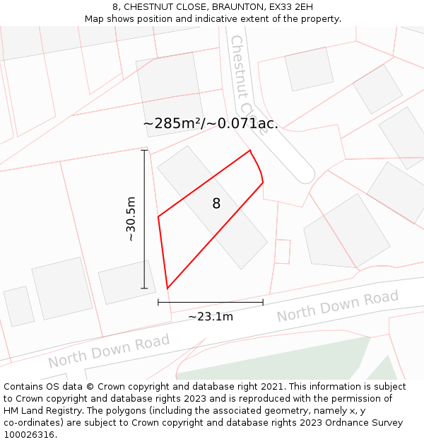 8, CHESTNUT CLOSE, BRAUNTON, EX33 2EH: Plot and title map
