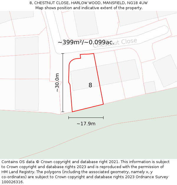 8, CHESTNUT CLOSE, HARLOW WOOD, MANSFIELD, NG18 4UW: Plot and title map