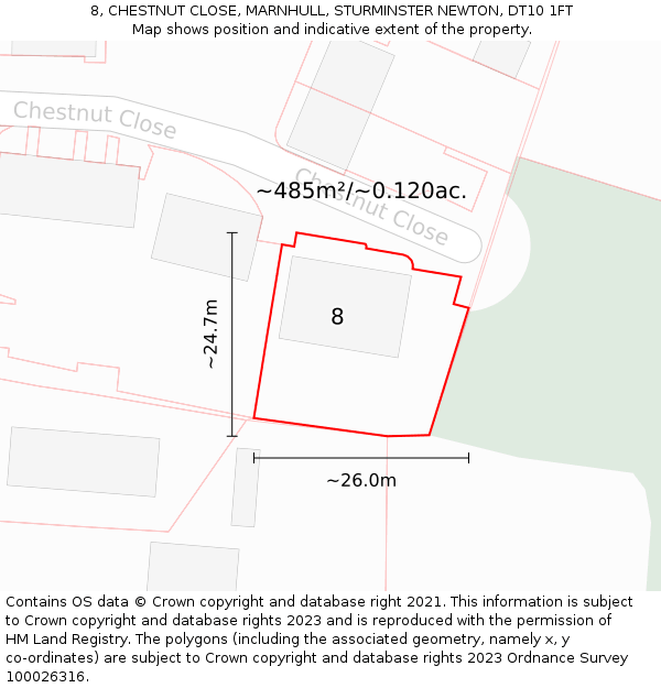 8, CHESTNUT CLOSE, MARNHULL, STURMINSTER NEWTON, DT10 1FT: Plot and title map