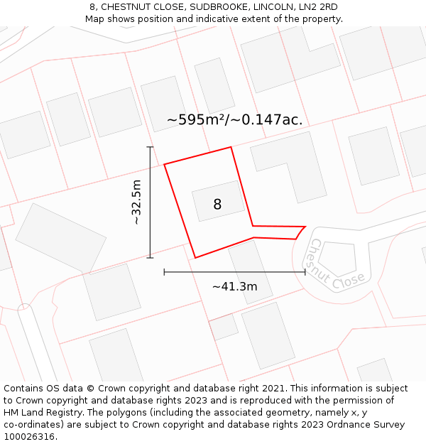 8, CHESTNUT CLOSE, SUDBROOKE, LINCOLN, LN2 2RD: Plot and title map