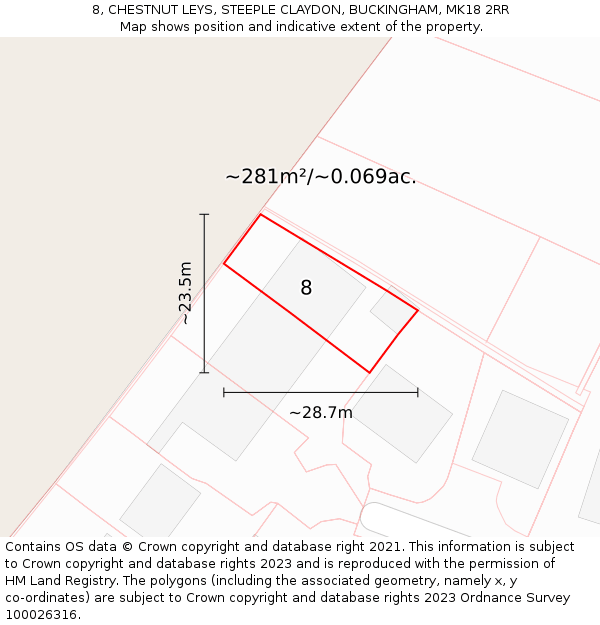 8, CHESTNUT LEYS, STEEPLE CLAYDON, BUCKINGHAM, MK18 2RR: Plot and title map