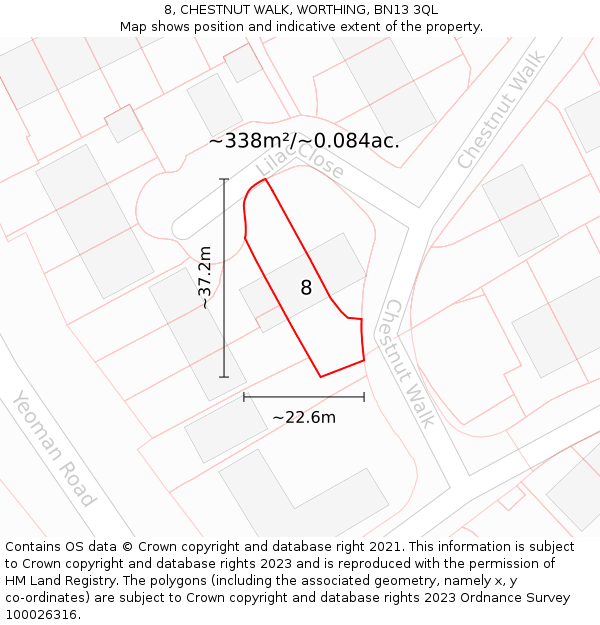 8, CHESTNUT WALK, WORTHING, BN13 3QL: Plot and title map