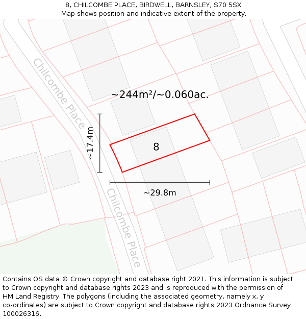 8, CHILCOMBE PLACE, BIRDWELL, BARNSLEY, S70 5SX: Plot and title map
